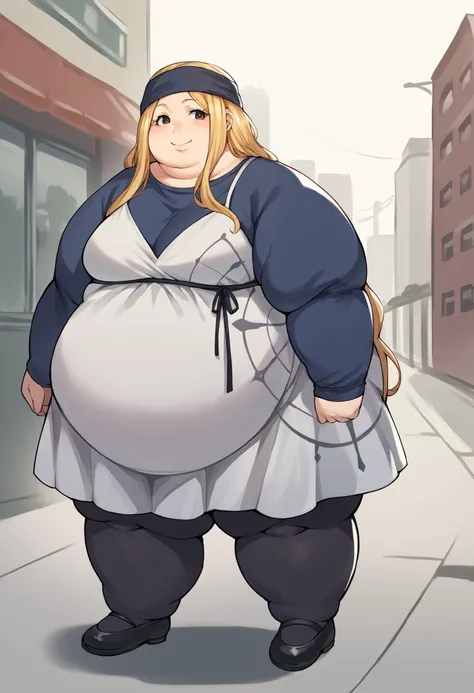 score_9, score_8_up, score_7_up, source_anime BREAK 1girl, solo,   chihayap5, very long hair, blonde hair, headband, shirt, dress, black pantyhose, looking at viewer, smile, standing, city, shinjuku, fat, chubby, obese, full body shot 