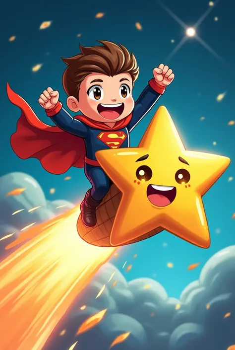 A chibi character hero riding on the tail fin of a shooting star and pumping his fist in excitement, a smiling shooting star, a hero with a smug face, fantasy illustration pop art, bold and dynamic, contrasts of light and shadow, 2.5D, artistic images art,...