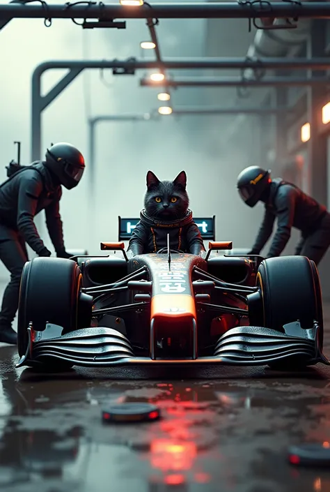 A Formula One pit stop .  Formula One car smokes and glows . The driver is an exhaust-looking cat with helmet and big head .  vehicle is jacked up with a jack and there is a tire change and refueling with 
Gasoline can made..

