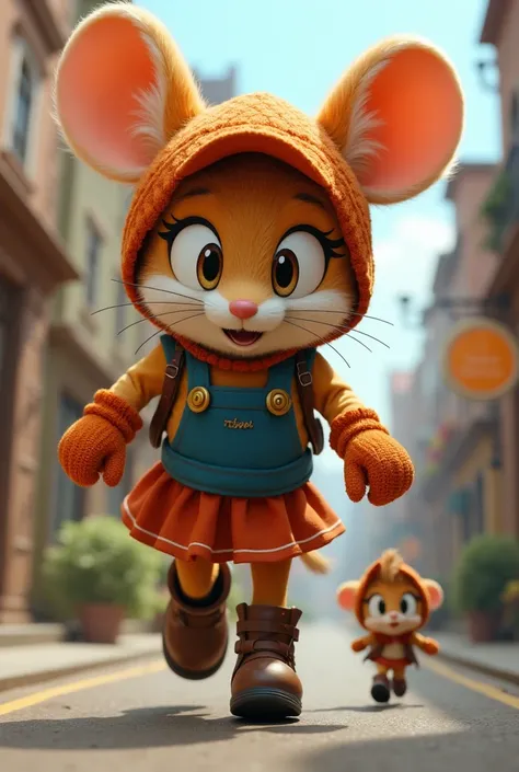 Niña ratona antropomorfa mobian furry giant cute , perspective , Sonic style , well detailed,  orange hat , blue diver, red skirt, brown boots,  orange wool gloves , furry, giant,  in a small town  ,  anthropomorphic mouse girl Mobian Furry chasing a small...