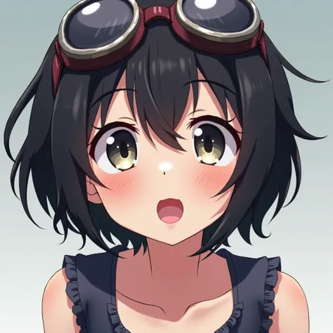  1 girl ,  shortcuts,  black hair, chest,  open her mouth , Character portrait, goggles, anime,  high definition ,  Bright Eyes , 