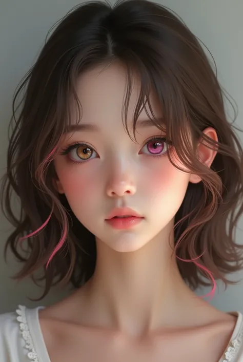 A brown-haired girl with light pink highlights ,  she has heterochromia , The color of the left eye is pink and the color of the right eye is light brown,  realistic style 