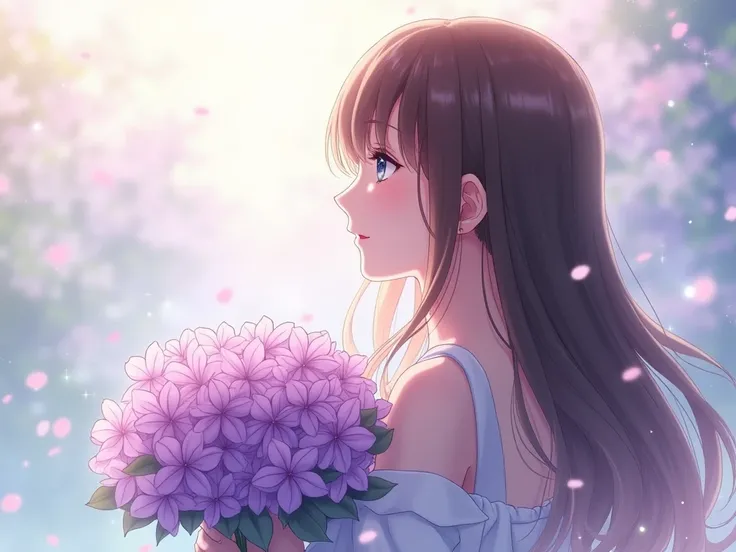  anime style, ✨、 1 girl , 🩷、profile、 long hair, Brown Hair、bouquet