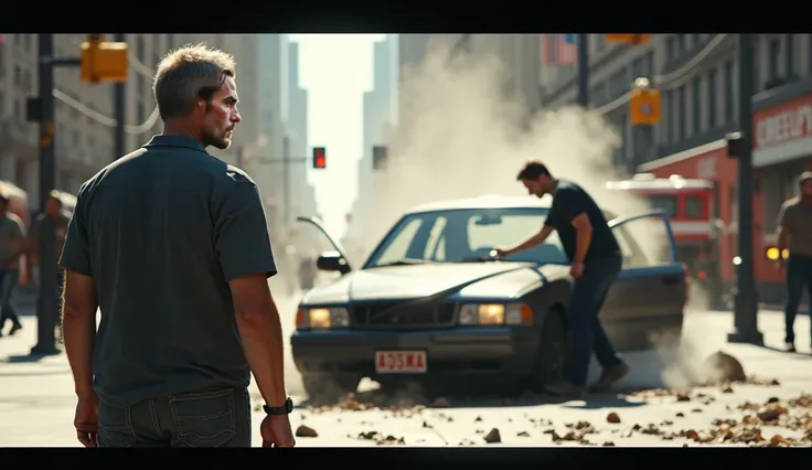 the man stops and looks at the accident and how the driver gets out of the car