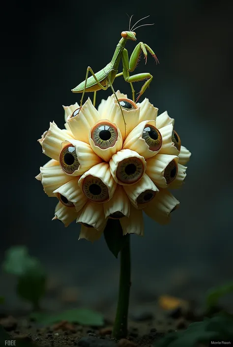 a flower made by eye balls and a mantis protect flower