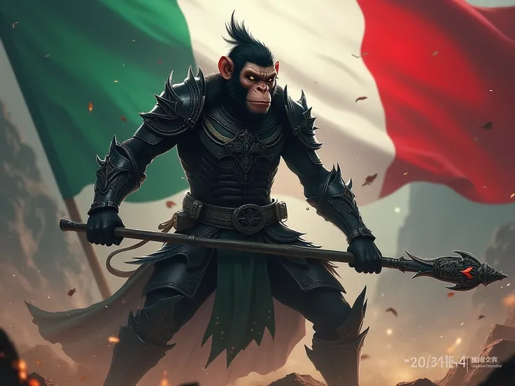 Wukong from league of legends in an ebony armor fighting on an italian flag theme