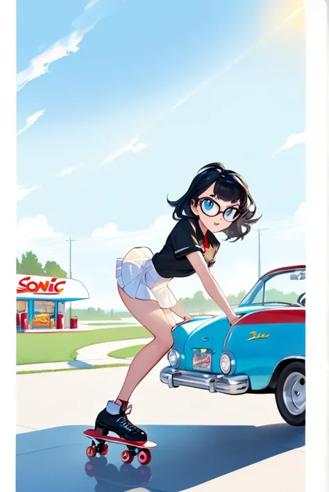 Black hair, beautiful eyes, clear eyes, black eyes, glasses, Sonic Drive-in, car hop, roller skating