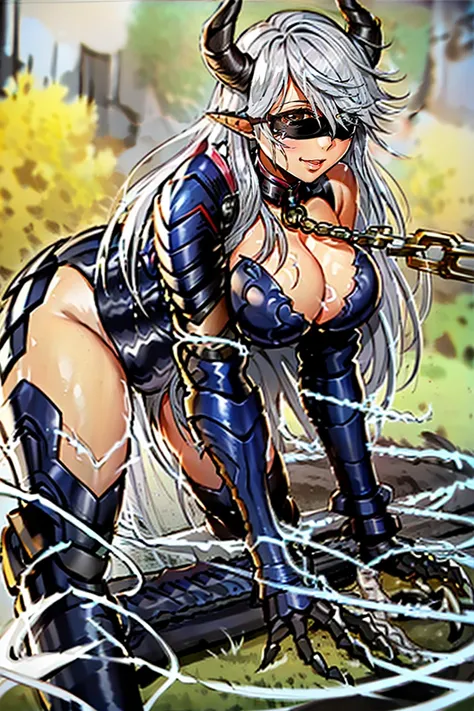 armor, leotard, (((shoulder armors, Pauldron))), cleavage cutout, leotard, breastplate, gauntlet, thig high boots, detachable collar, large breasts, cleavage, long hair, white, (((((blindfold))))), beautiful, horn on side head, masterpiece, masterwork, sup...