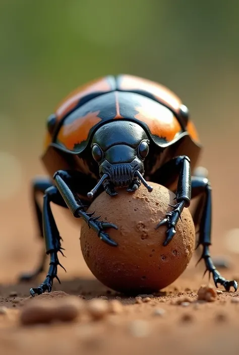 "A close-up of a Dung Beetle rolling a large dung ball across the ground, with fine details of its body and antennae, vibrant natural colors and a clear background."