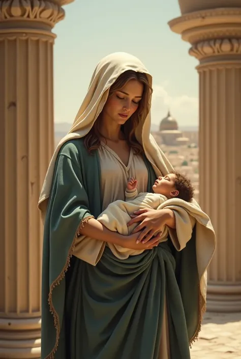  San José , next to the Blessed Virgin Mary ,  the Virgin Mary carries the baby Jesus in her arms,  with the Temple of Jerusalem in the background  