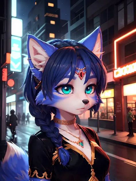 A portrait of  ((krystal)), Star Fox-Krystal, lovable, green eyes, ((( long blue hair 1 .3))), Decollete, anthro, Fuzzy,  detailed Fluffys fell, Detailed face, (Fluffy),  1 girl, ,woman, Goth, green eyes, undercut, ultra-realistic 8k cg ,  masterpiece, (( ...