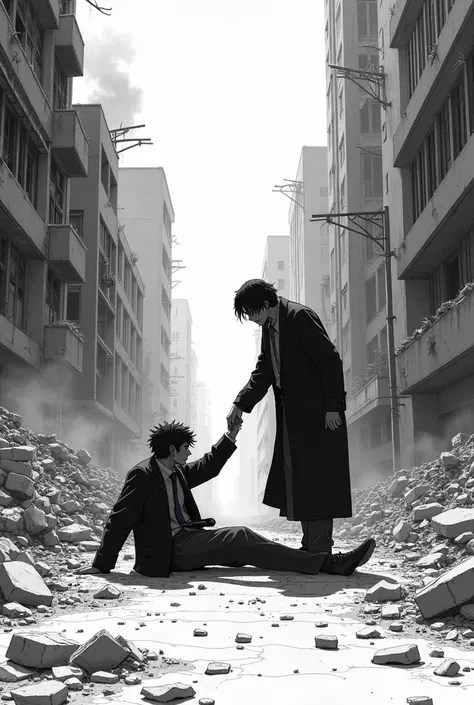 person helping another get up, apocalyptic background with the city destroyed, black end white manga style