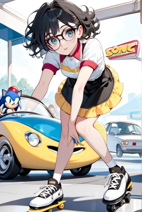 Black hair, beautiful eyes, clear eyes, black eyes, glasses, Sonic Drive-in, car hop, roller skating