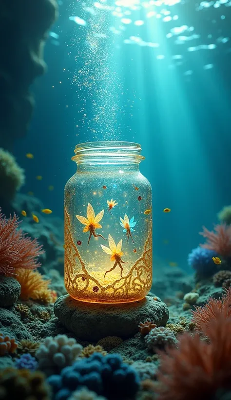 "A magical underwater jar made of translucent glass, glowing softly with intricate patterns of gold and blue. Inside, three tiny, fairy-like creatures with shimmering wings and ethereal lights in green, blue, and yellow hover gracefully. The jar is surroun...