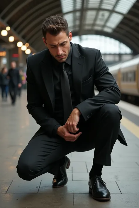 At the train station，Young, handsome and sexy businessman，German men。Black suit， black tie，Black socks，Black leather shoes。Man kneeling on the ground ， mans crotch testicles hurt a lot，Handsome young Spanish man holding his crotch testicles ， holding crotc...