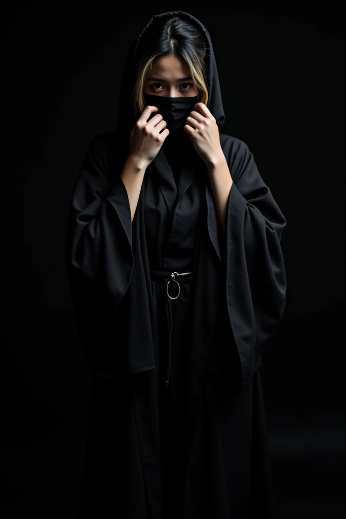 The image depicts a mysterious and brooding young woman, cloaked in shadows and dressed in dark attire.

The picture shows a young woman with styled black hair with streaks of blond, partially obscured by a black cloth mask that covers the lower portion of...