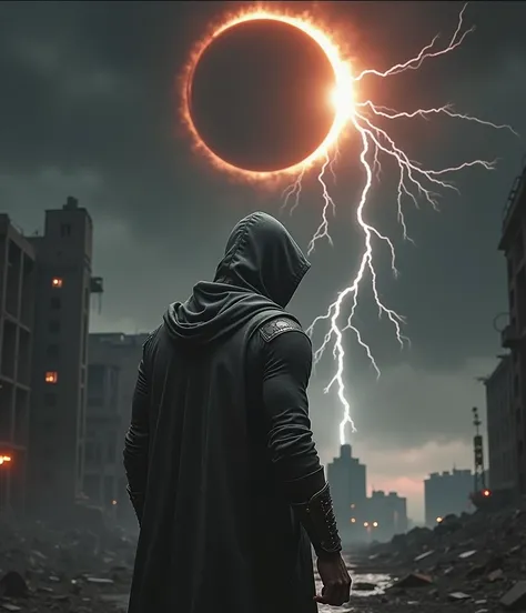 hooded man with his back half a turn .  with eclipse and sunny lightning marking him in a shattered city