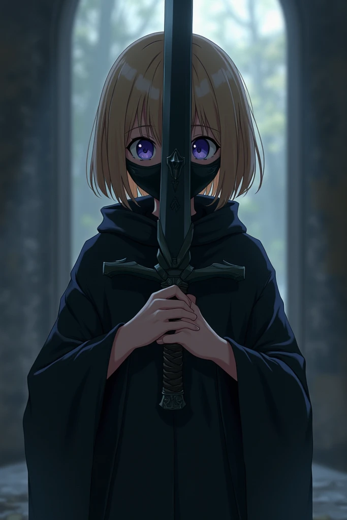 an anime girl who put on a mask that cover all of the face holding a sword of darkness , no chest short blond hair 