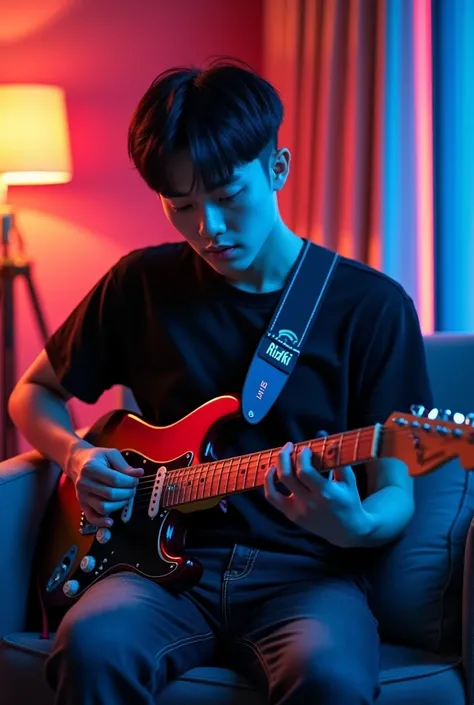 A handsome Korean teenager with short hair neatly dressed in a black t-shirt , black jeans sitting in a fancy room while playing guitar  ,  there is Rizki writing on the night guitar blue neon lights high ratio fulhd  