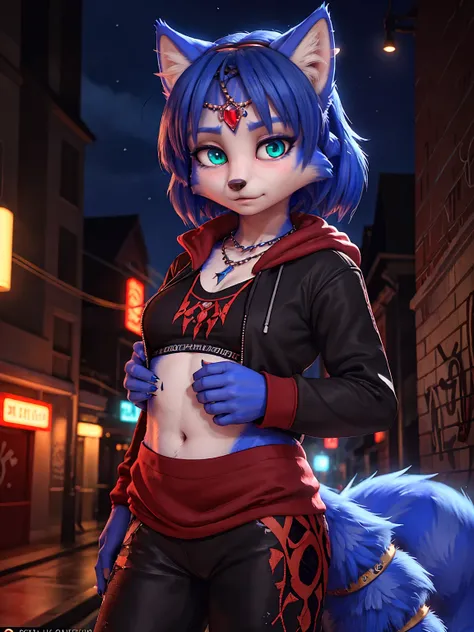 A portrait of  ((krystal)), Star Fox-Krystal, lovable, green eyes, ((( long blue hair 1 .3))), Decollete, anthro, Fuzzy,  detailed Fluffys fell, Detailed face, (Fluffy),  1 girl, ,woman, Goth, green eyes, undercut,ultra- realistices 8k cg,  masterpiece, ((...