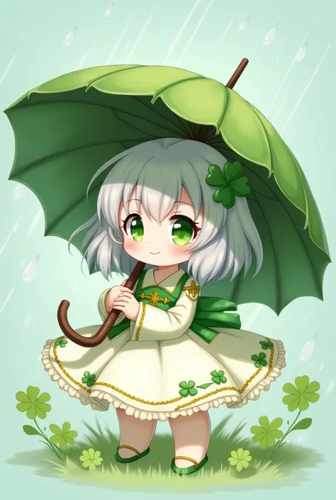  This painting depicts a cute animated character ,Squat, with light grey hair , with a few green hairs , big green eyes ,Four-leaf clover-shaped pupils,Light skin color 。 wearing a white-green dress with gold decorations, with green ornaments on her 。 The ...