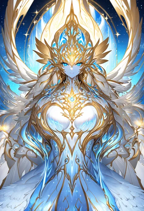 Luminara the anthropromorphic Celestial Phoenix: Enhanced Description Name: Luminara Height: 100 meters (328 feet) Wingspan: 200 meters (656 feet) Appearance: Feathers: Brilliant, glowing white with luminescent blue markings. Eyes: Shimmering blue, reflect...