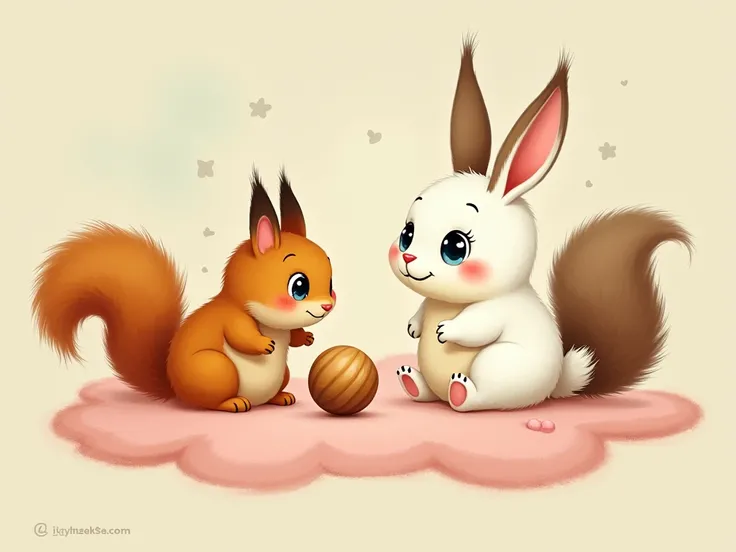 A charming white very fluffy rabbit with blue eyes sits on a pink cloud. against the background, two soft orange squirrels are discussing a nut. the style of a 30-year-old good old Soviet cartoon.