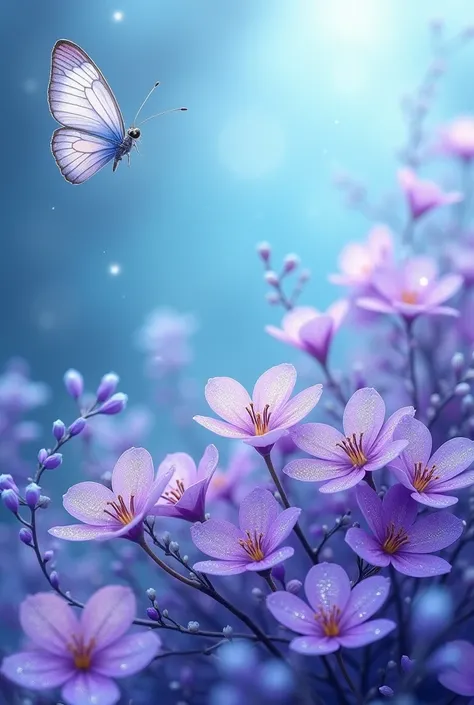  Mobile phone wallpapers, background blue,  purple little flowers ,  middle of glitter flowers .  On the left, a small butterfly , white color, glitter wings .