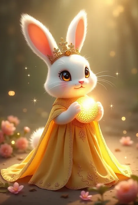 "A highly detailed and artistic depiction of a charming anthropomorphic bunny with silky white fur, luminous golden eyes, and a regal golden crown decorated with small stars. The bunny is dressed in a flowing yellow gown with intricate golden embroidery, c...