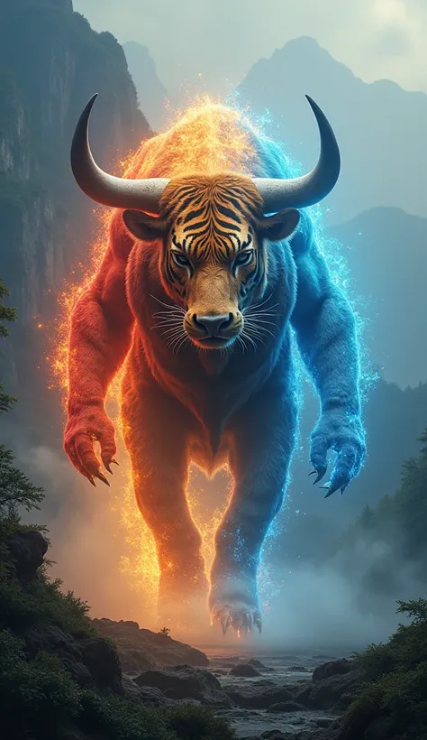 "Create a vertical video (9:16 aspect ratio) showcasing a bull, a tiger, and a bear in a dramatic natural landscape. The bull glows with a fiery red aura, the tiger shines with golden energy, and the bear emits a calm blue light. Slowly, the three creature...