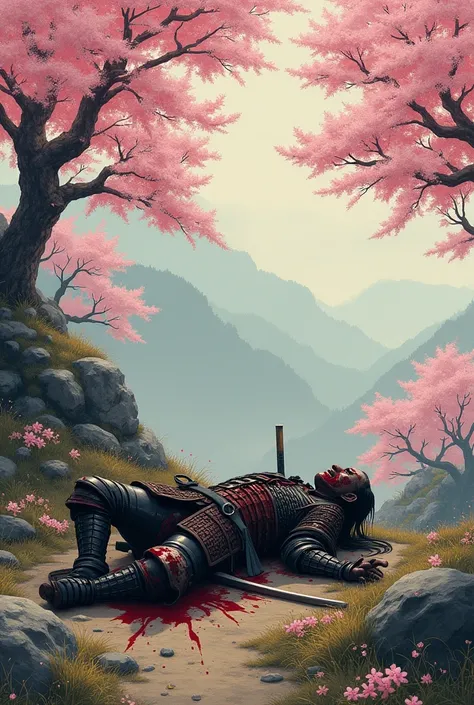 A  samurai wounded bleeding  lay on mauntain with pink trees