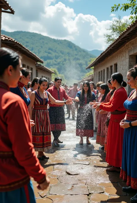 A picture of Armenian traditional holiday called Vardavar, where people in village pour water on each other