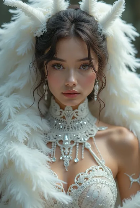 Woman white harness jewel diamond feathers 