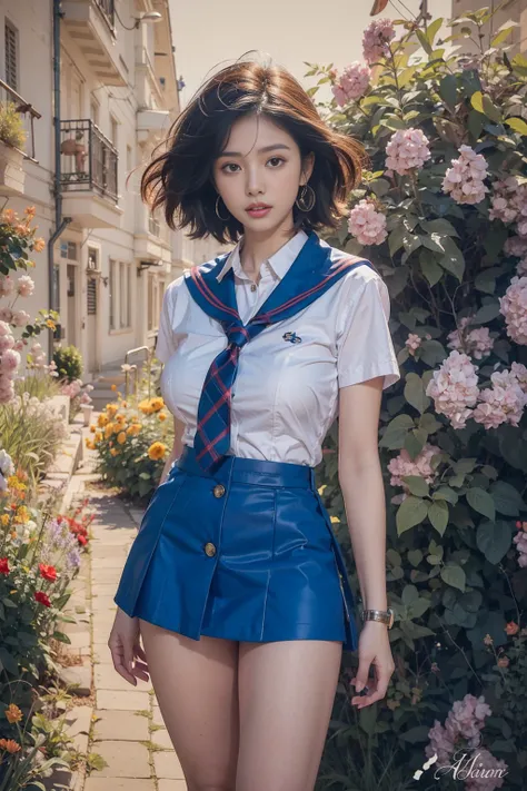 Beautiful Asian woman, white and blue girls sailor costume, in a city garden