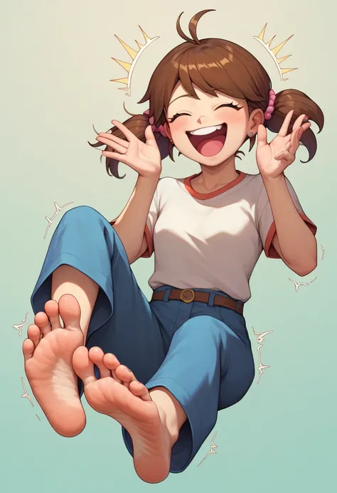 1 girl, solo, anime style, soles, bare feet, toes, all toes open, brown hair, short, watery eyes, laughing, laughing out loud, shaking, going wild, being tickled