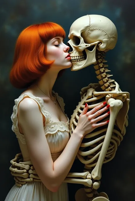 Oil painting. A red-haired woman with bangs and a square kisses a skeleton man