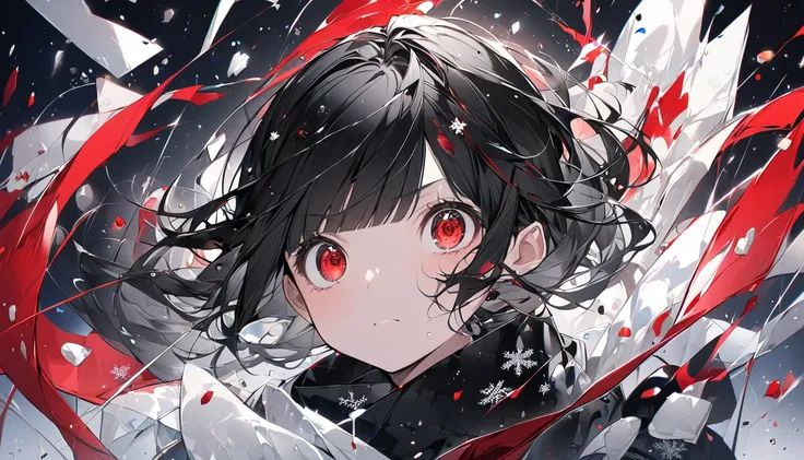 [girl using smartphone]、 from above、 holding a cell phone 、（iPhone）Watch iPhone 、smartphone、Snow、 Sad face、Teary-eyed、Red eyes、 black hair、 ponytail、blunt bangs、Cross-eyed、 adult woman、 black hair、 Ill brush up my hair 、、 girl、Background White 、Snow partic...