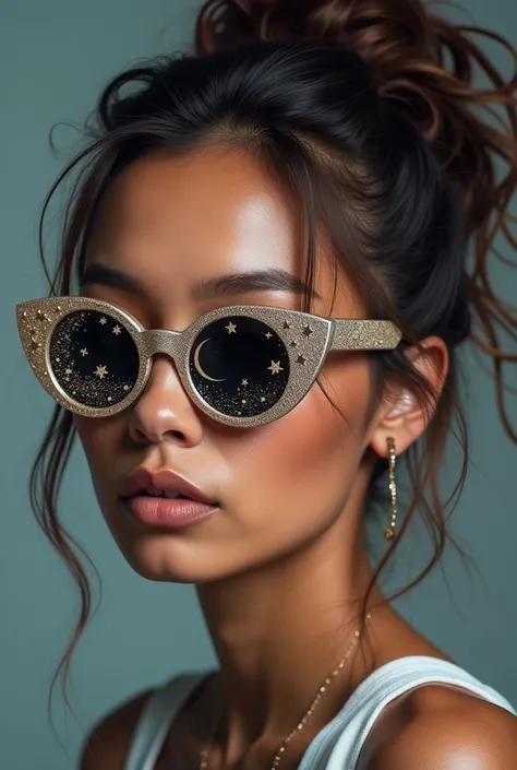 The model is wearing glass sunglasses with stars and the moon on the glass