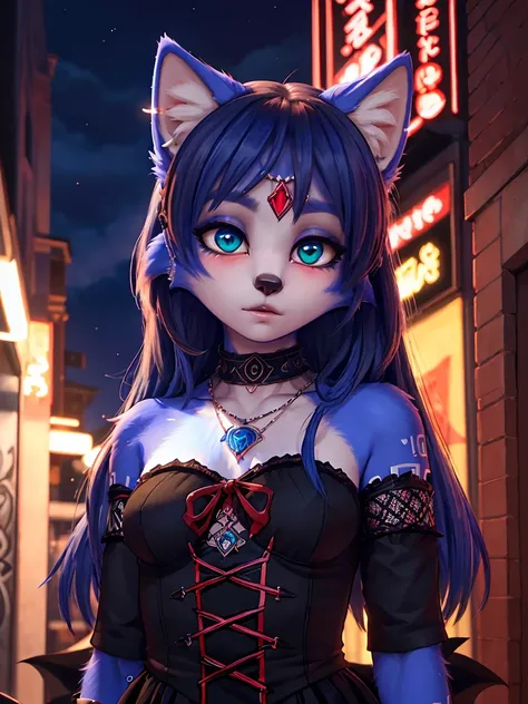 A portrait of  ((krystal)), Star Fox-Krystal, lovable, green eyes, ((( long blue hair 1 .3))), Decollete, anthro, Fuzzy,  detailed Fluffys fell, Detailed face, (Fluffy),  1 girl, ,woman, Goth, green eyes, undercut, ultra-realistic 8k cg ,  masterpiece, (( ...