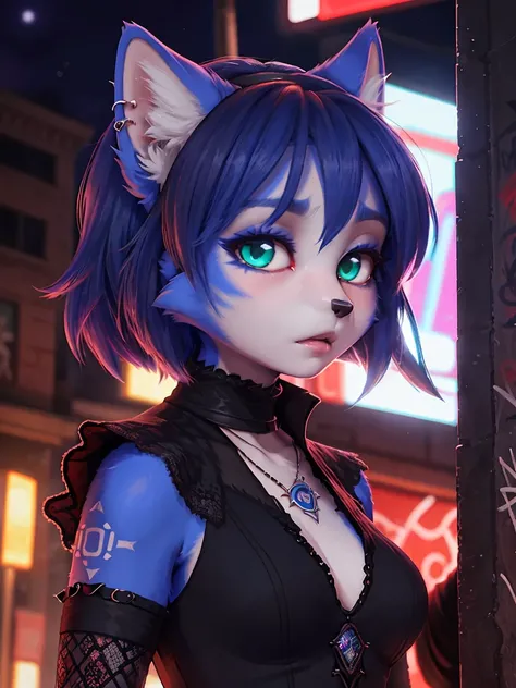 A portrait of  ((krystal)), Star Fox-Krystal, lovable, green eyes, ((( long blue hair 1 .3))), Decollete, anthro, Fuzzy,  detailed Fluffys fell, Detailed face, (Fluffy),  1 girl, ,woman, Goth, green eyes, undercut, ultra-realistic 8k cg ,  masterpiece, (( ...