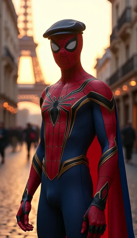 Design a Spider-Man outfit inspired by France, incorporating the blue, white, and red colors of the French flag. Add subtle details inspired by French fashion, such as elegant patterns, fleur-de-lis motifs, and perhaps a cape resembling a beret shape. The ...