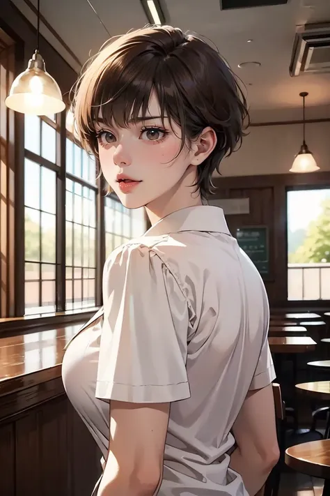 a male, big butt, big boobs  , full lips , big penis, short brown hair, boys style hair, wear a sexy school uniform, show off his big boobs, front view, in a coffee shop, spring, double exposure, realistic, cinematic scene
