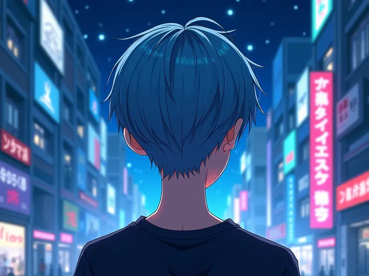  anime style,  blue eyes, Blue Hair/ light blue hair,  back view, 🌃、 boys