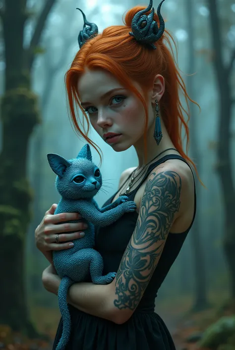 Obra maestra. Foto real. ginger girl with tribal tattoos glowing blue and a small magical pet, misty forest background, hyper-realistic 