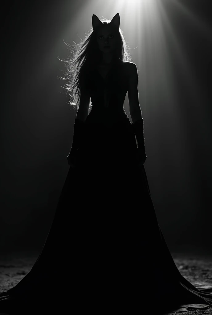 A striking silhouette of the Scarlet Witch (from Marvel) emerges from the darkness, starkly outlined in black and white with bold contrasts and dramatic chiaroscuro lighting. The subjects long, graceful fur capturing every subtle shift of light and shadow....