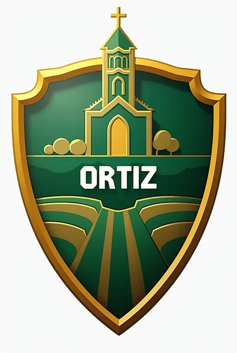  Create a football shield for a team called Ortiz ,  with a classic and elegant structure .  The shield must have a traditional shape ,  with an upper part that highlights a design of a church ,  symbolizing the tradition and faith of the community .  At t...