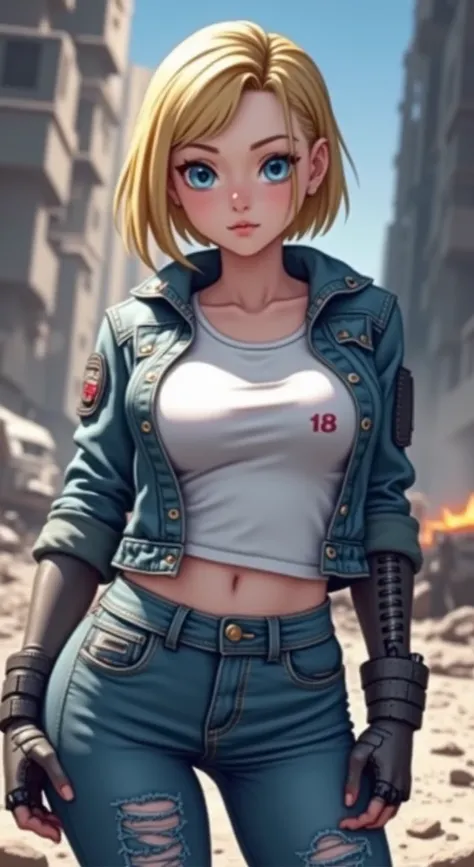 full body portrait of a girl, android 18, cyborg girl, yellow hair parted at the side, short neck, blue eyes, wearing a white t-shirt with a jeans vest lining, jeans torn, the situation after the fight, clothes torn, with a few injuries, background of the ...