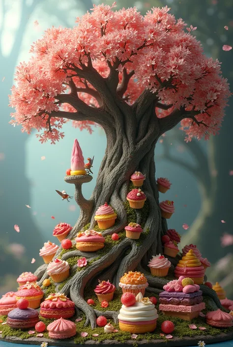 Create a mythological image for me with a tree and more colored pastries. Style dessiner et beaucoup plus réaliste