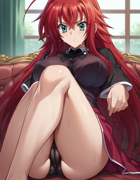 score_9, score_8_up, score_7_up, source_anime, riasgremory, rias gremory, huge ahoge, long hair, hair between eyes, green eyes, red hair, black underwear, sweaty, cameltoe 