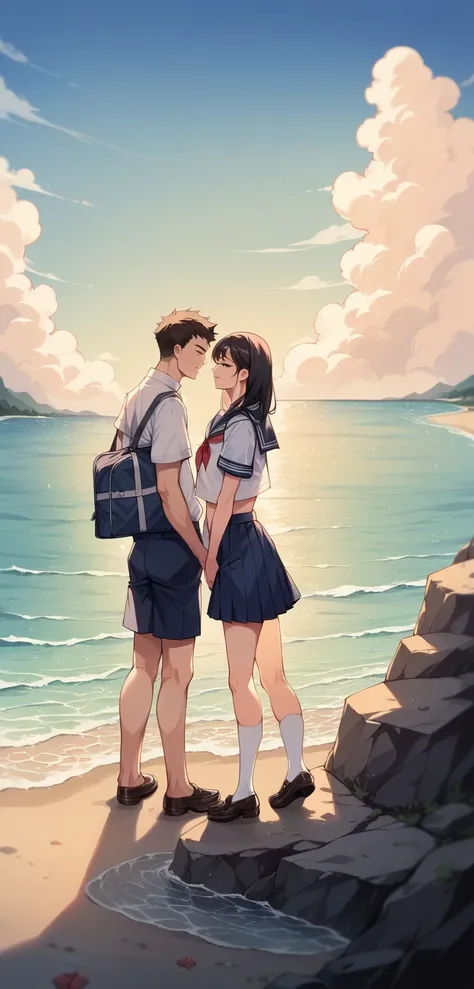 there is a man and woman standing on a rocky beach, wearing school uniform, wearing a school uniform, wearing japanese school uniform, school uniform, the ocean in the background, taken in 2 0 2 0, photo taken in 2 0 2 0, standing next to water, profile pi...